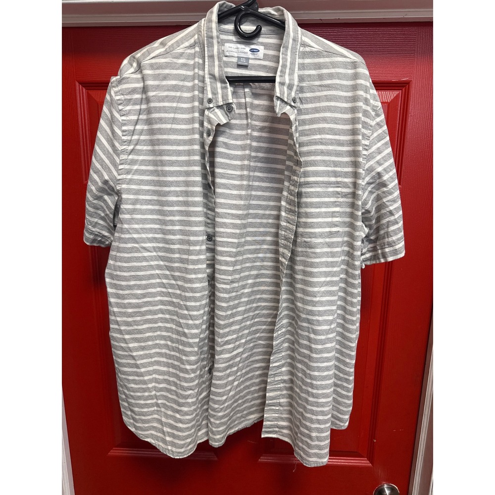 Old Navy Mens XXL Slim Fit Short Sleeve Button Down Shirt Grey White Striped